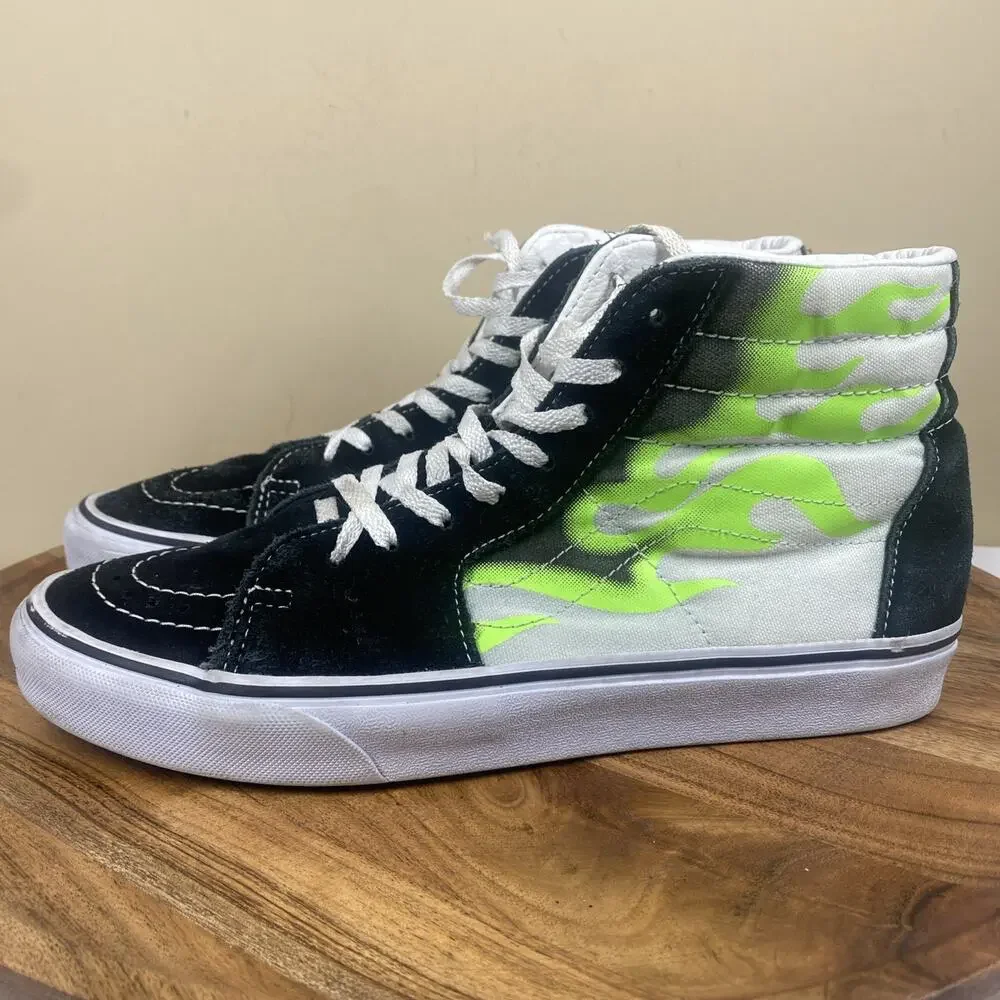 Vans Sk8 Hi Flame Black Mens White Green Flames Fire Size 9.5 High Top Shoes
